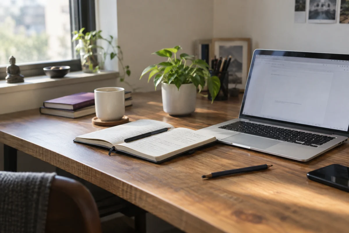 Notebook and laptop on a bright work desk